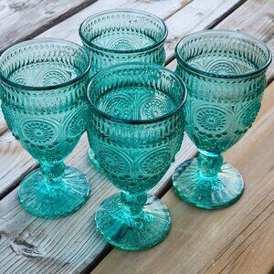 Adeline Pioneer Women's Embossed Glass Tumblers Goblet, Set of 4 Turquiose